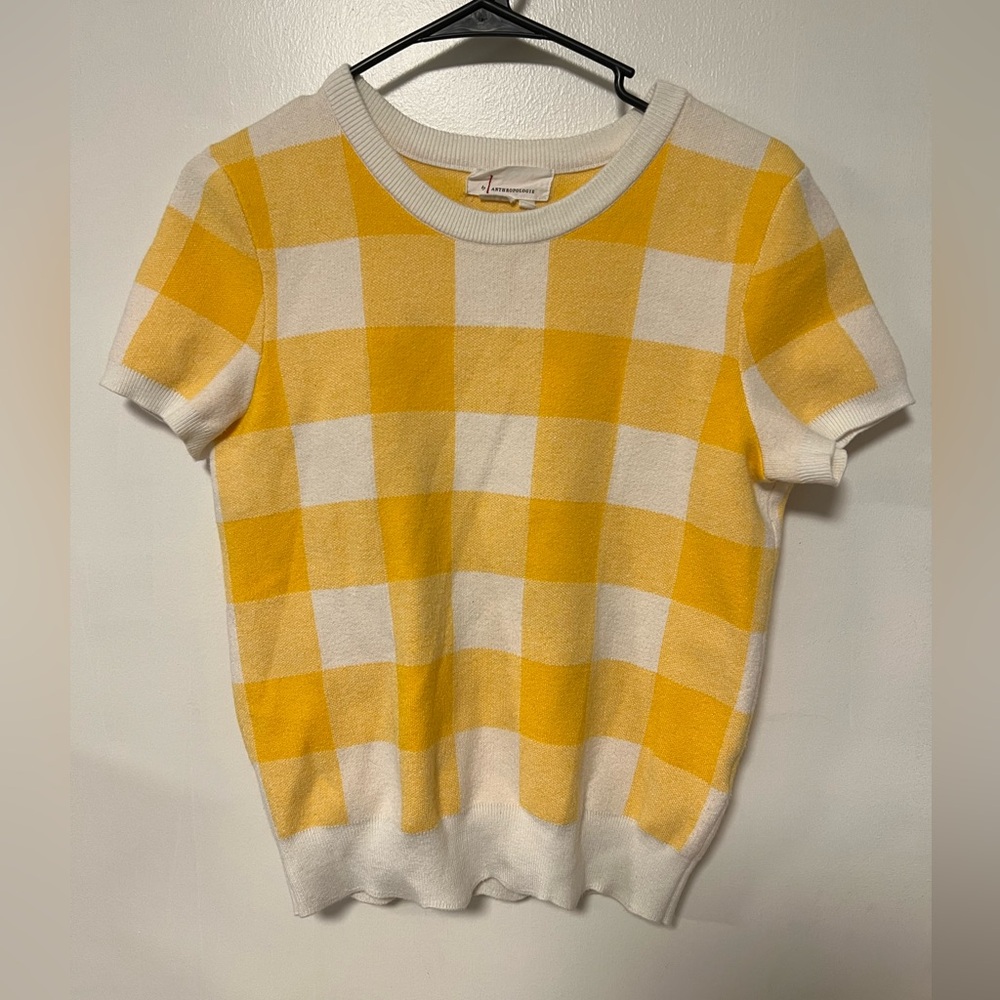 Anthropologie Yellow and Cream Short sleeve sweater